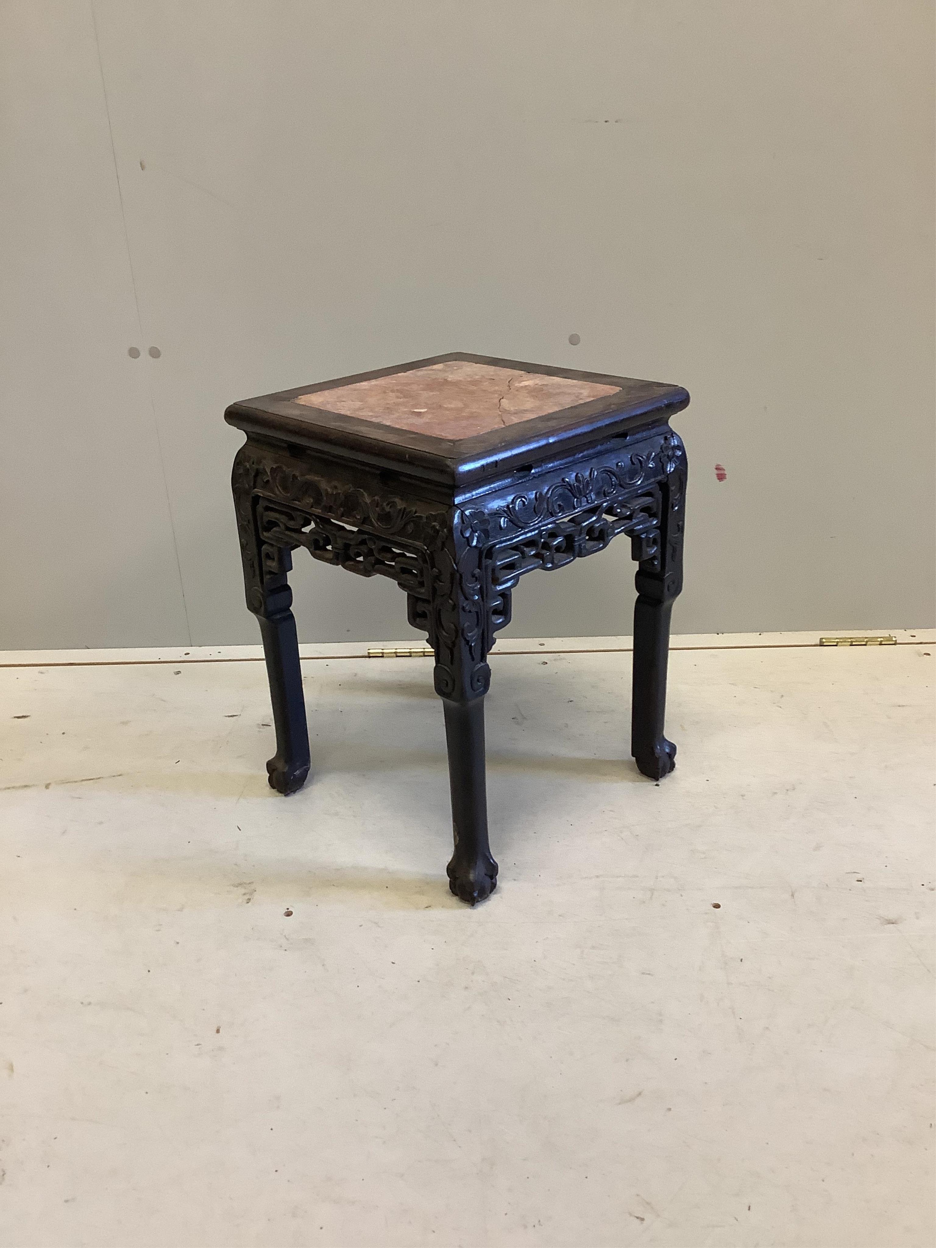 A Chinese rouge marble inset square hardwood vase stand, 35cm, height 47cm. Condition - poor to fair